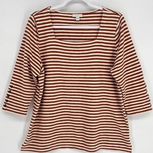 J.Jill Women's Large Textured Cotton Square Neck Striped Top‎ Button Sleeve